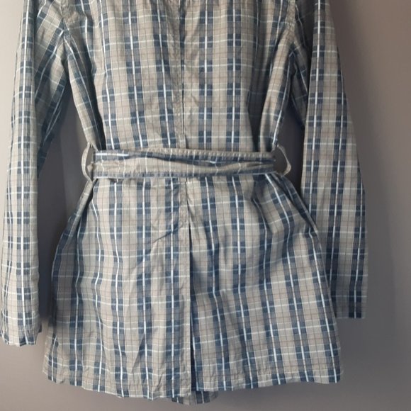 XNTRIK Cotton Short Trench | Taupe & Blue Plaid, L - Picture 8 of 15